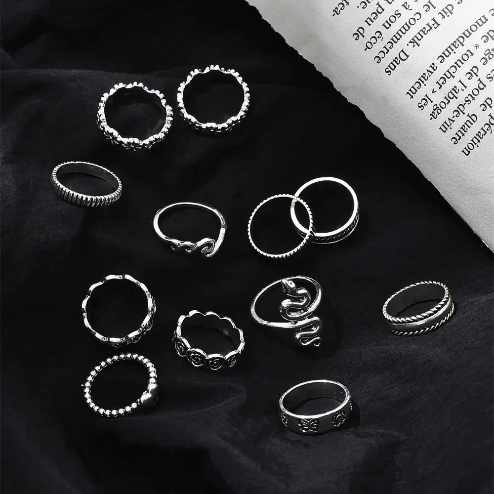 Fashion Silver-plate Snake Flower Heart Shape Geometry Set Ring For Women Boho Vintage Trendy Personality Rings Jewelry Gift image 5