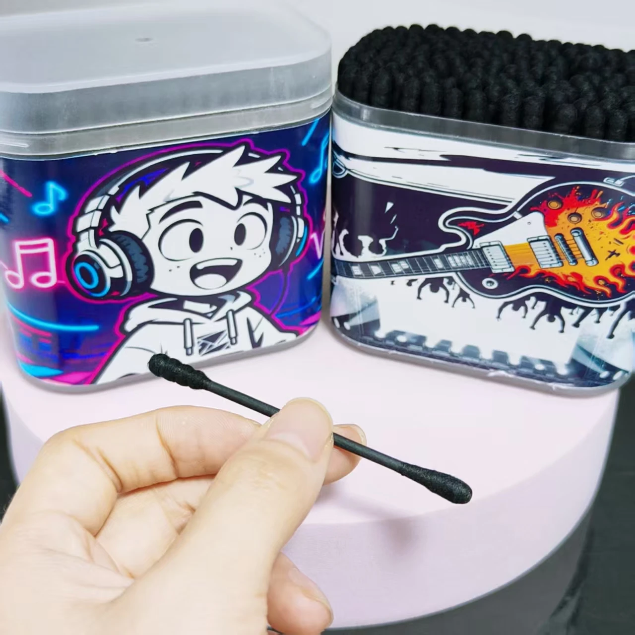 400개(2박스) 기타 음악 소년 패턴 면봉 일상 용품 검정색 양면 면봉