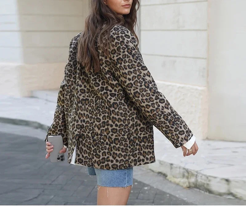 Terno de pelúcia lapela estampado leopardo para mulheres, jaqueta vintage, casaco solto, casaco casual, casaco grosso, top com bolso, outono e inverno