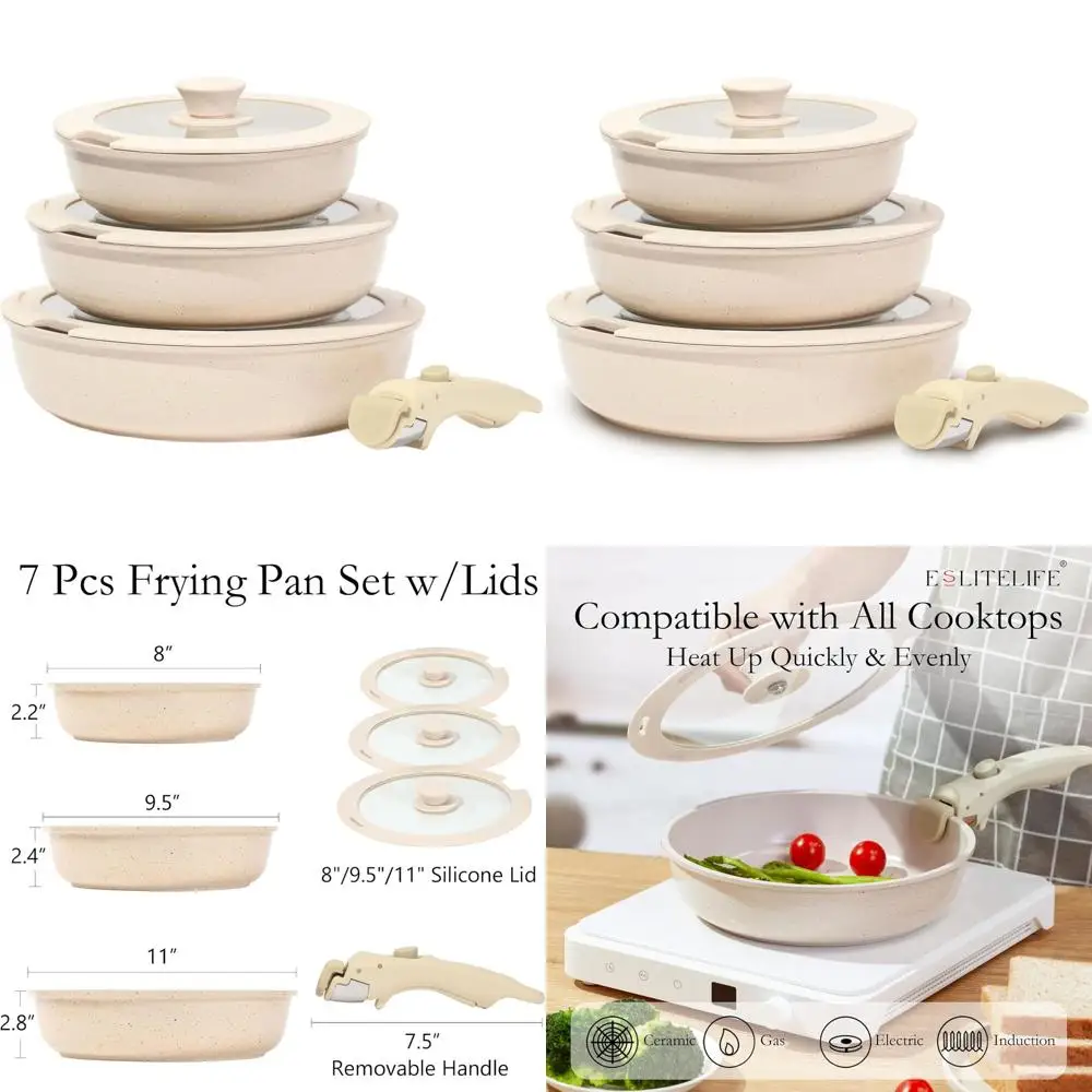 

Набор керамических сковородок с антипригарным покрытием, крышками и съемной ручкой, безопасный для всех варочных панелей, 7 предметов, белый
