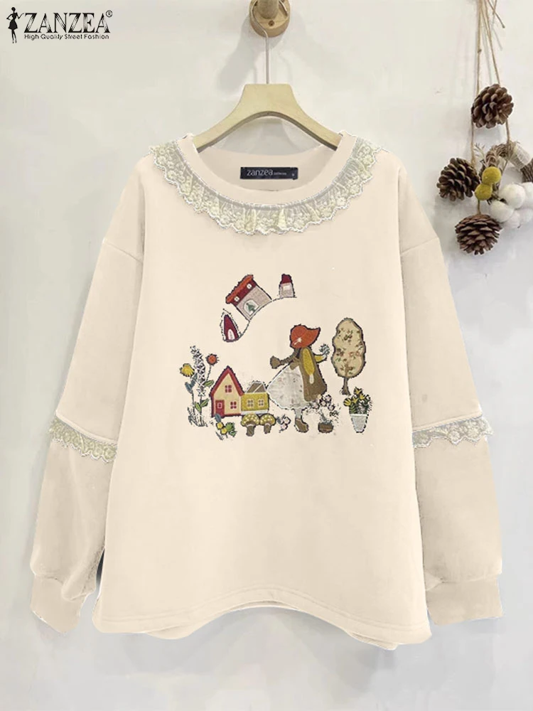 Sweety Cartoon Printing Loose Hoodies ZANZEA Women Long Sleeve Sweatshirts Casual Round Neck Knitted Tops Elegant Lace-up Jumper