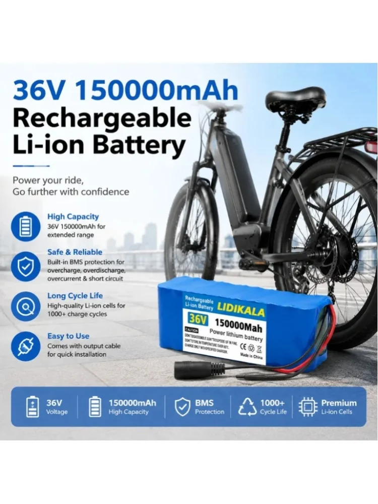 36V 10S3P 150000mAh Wiederaufladbarer Lithium-Ionen-Akku mit eingebautem BMS für Elektrofahrräder, E-Bikes, Roller, Hochleistungs-Akku