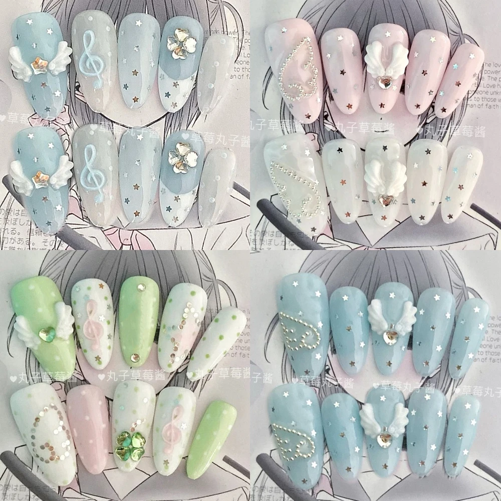

Kawaii Shining Stars Wings Musical Notes Handmade Long Ellipse Nails Party Sticker Diamond Bowknot Polka Point Press On Nails