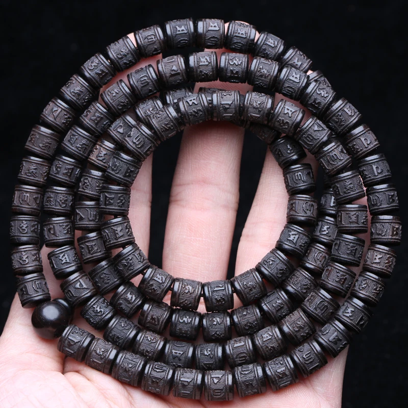 Natürliches Ebenholz, tibetisches Gebetsdrehrad, sechs Zeichen, 8 mm, 108 Perlen, Mara-Halskette, Rosenkranzperlen – Detail 1