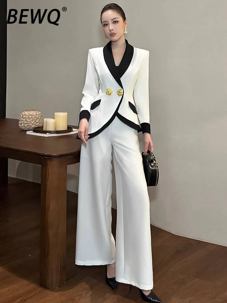 

BEWQ модный женский комплект из 2 предметов, двубортный топ с лацканами контрастного цвета, свободные брюки с высокой талией, элегантный костюм, новинка осени 2023 г.