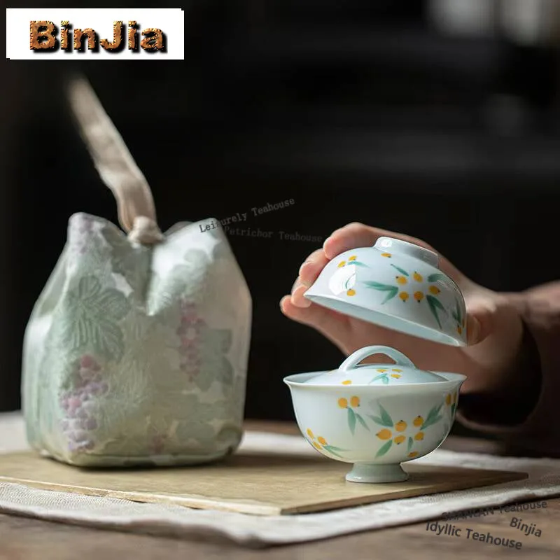 

Hand-painted Loquat Cover Bowl Set Portable Travel Tea Set With Brocade Tea Bag Ancient 1 Pot 1 Cup Tea Maker Organizer Ornament