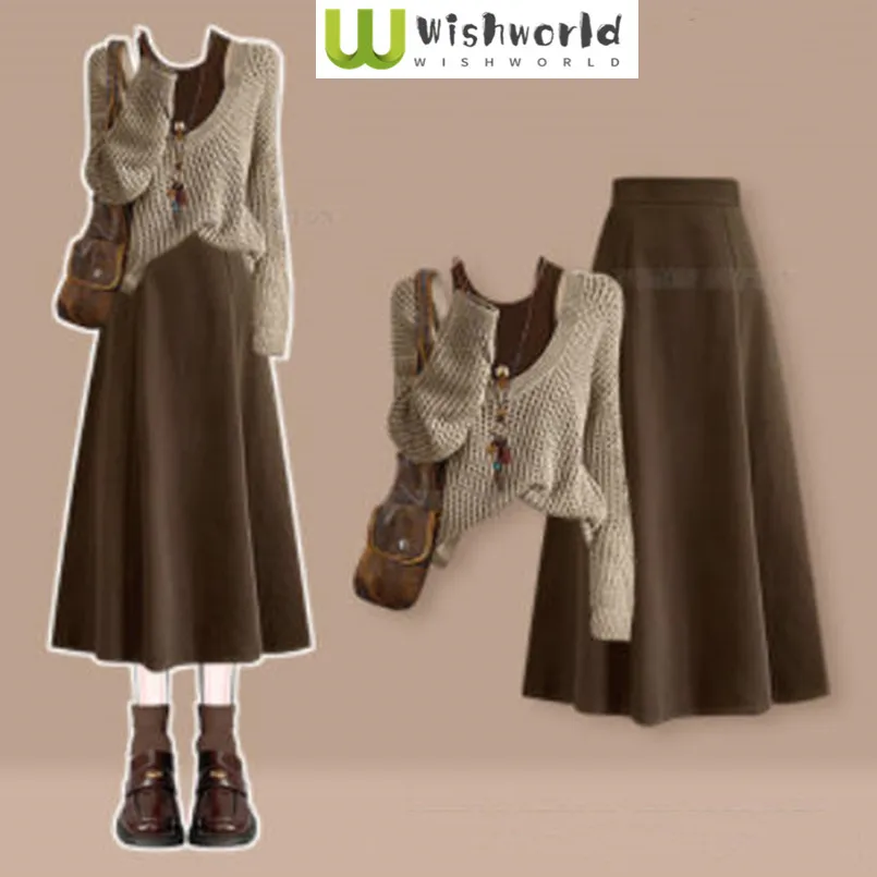 Spring and Autumn Knitted Shirt Top Tank Top Paired with Age Reducing and Slimming Skirt 3-Piece Set