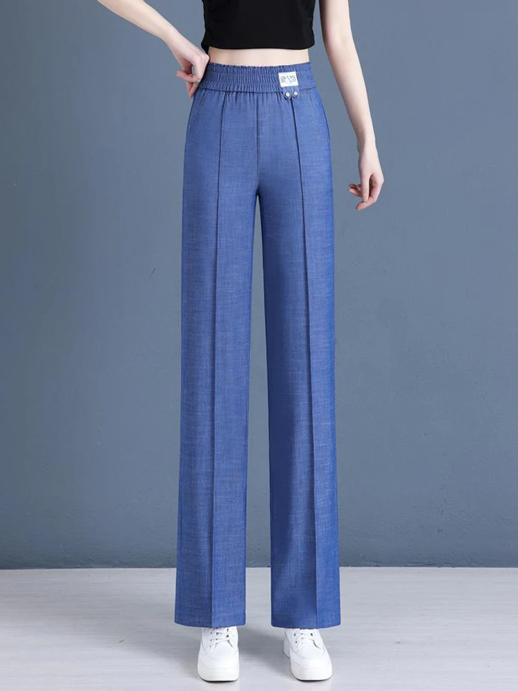 

High Waist Wide Leg Jeans Women's Summer Thin New Elastic Ice Silk Slim Straight Tube Pants Korean Style Commute Wind Long Pants