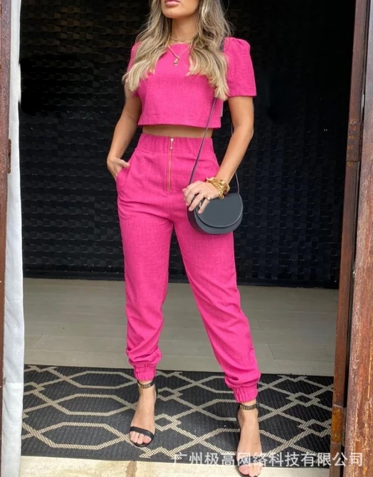 

Women's Two-piece Summer Fashion Casual Commuting Solid Puff Short Sleeve Blouse Top and Zipper High Waist Pencil Pants Set