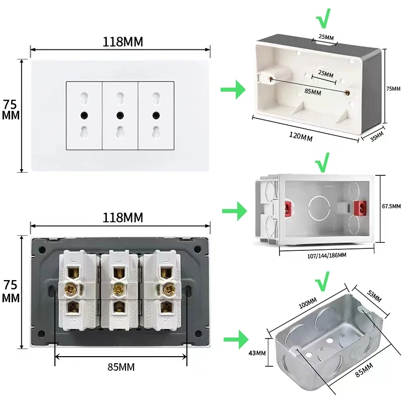 White Italy Pc Universal Socket with Usb Type-c 20W Fast Charging Usb Wall Socket Italy Electric Light Wall Switch 16a118*75