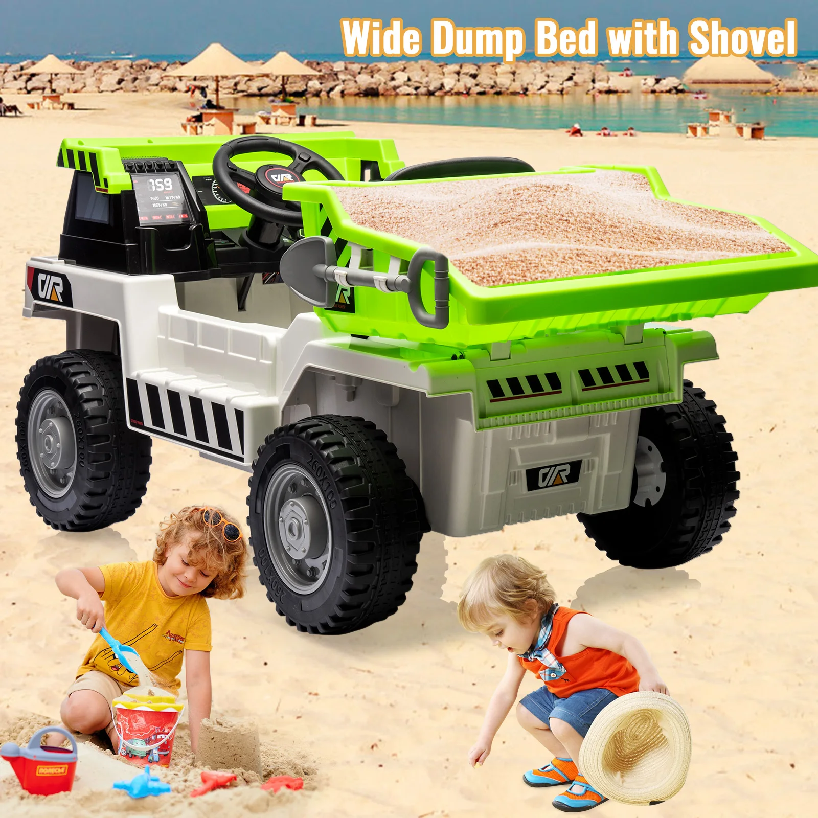 Camion à benne basculante pour enfants 12V avec télécommande, voiture jouet électrique à 2 vitesses, lit à benne basculante, pelle/lumières LED/musique pour jouer en plein air