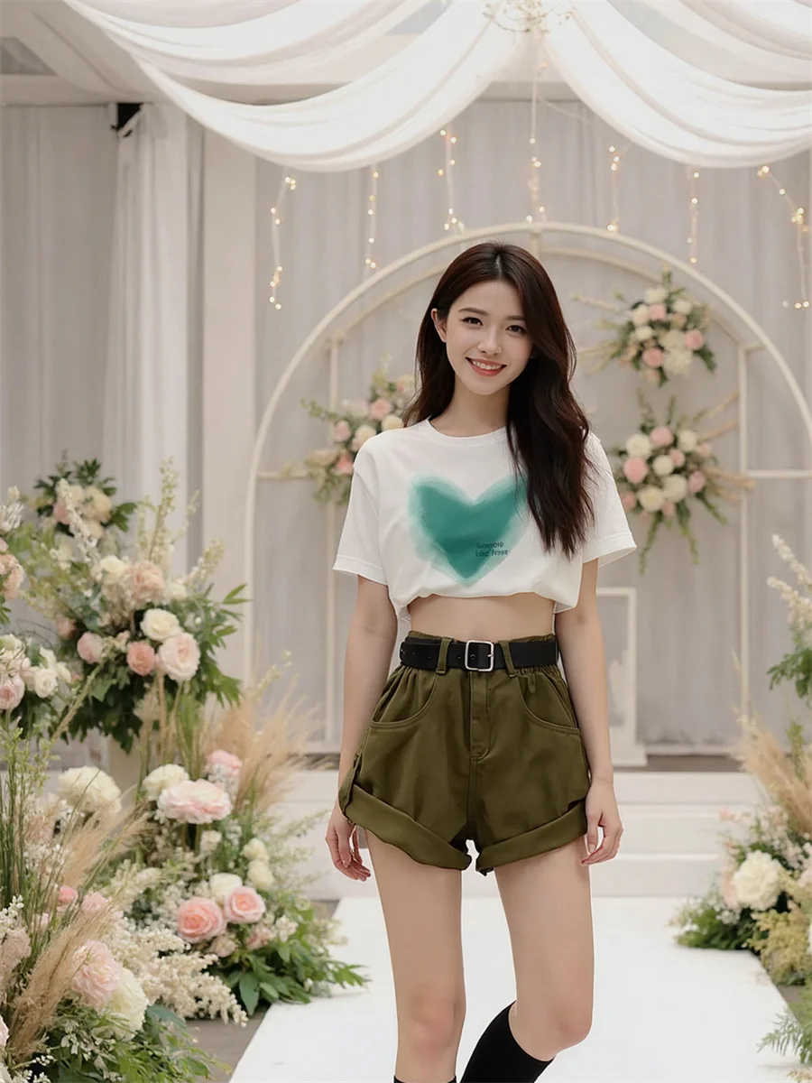 데님 롤 엣지 하이 웨이스트 루즈 쇼츠 여성용 우아한 겨울 심플 루즈핏 홈웨어 라운지웨어