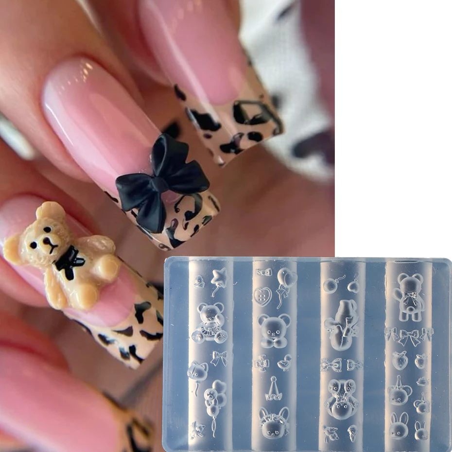 1pcs Mini Bear Nail Silicone Molds - Cute Teddy Bear Designs in Transparent Resin Mold for Nail Art Jewelry Making Supplies