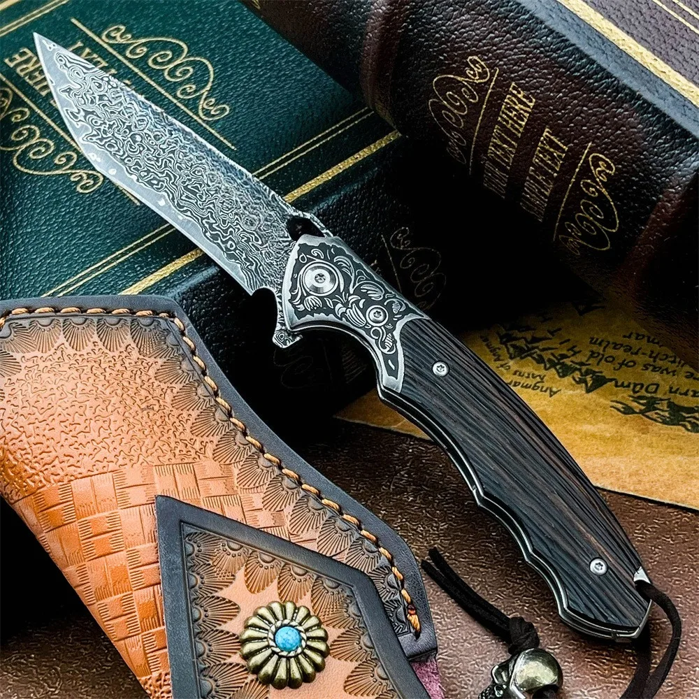 عالية الجودة التكتيكية سكين للفرد دمشق شفرة فولاذية خشب الأبنوس مقبض في الهواء الطلق التخييم الصيد الغابة الصيد أداة القطع