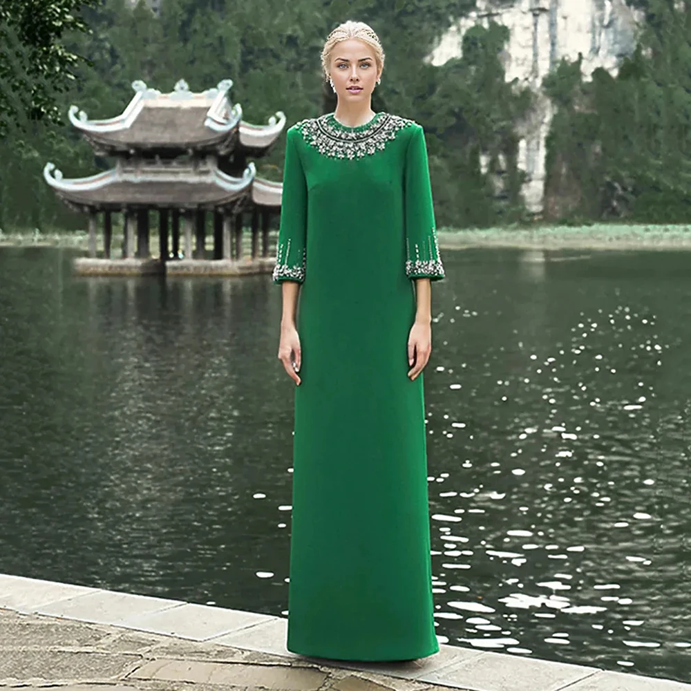 

Modest New Arabic Evening Dresses Green 2024 Prom Party Gowns 3/4 Sleeves Round Neck Wedding Guest Dress Crystal Beaded Muslim