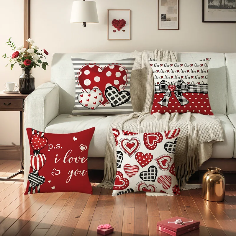 Kisses Hugs Better Together Red Throw Pillow Covers, 18 x 18 Inch Hearts Truck Wedding Cushion Case Decoration for Sofa Couch