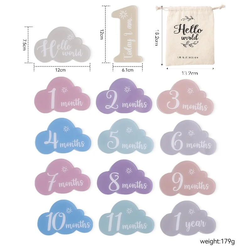 14Pcs Baby Acrylic Memorial Milestone Cards Cloud Shape Cards 0-12 Months Number Monthly Newborn Photography Props Birth Gift