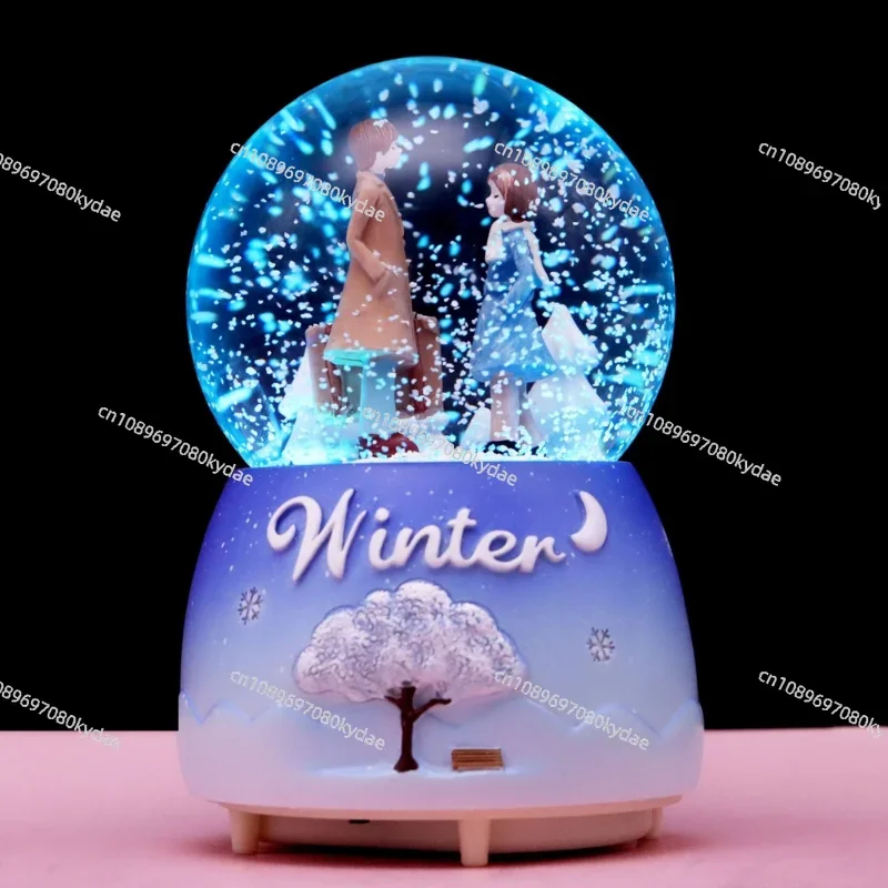 White Moonlight Couple Crystal Ball Music Box Valentine's Day Home Decoration Snow Glowing Rotating Creative Birthday Gift