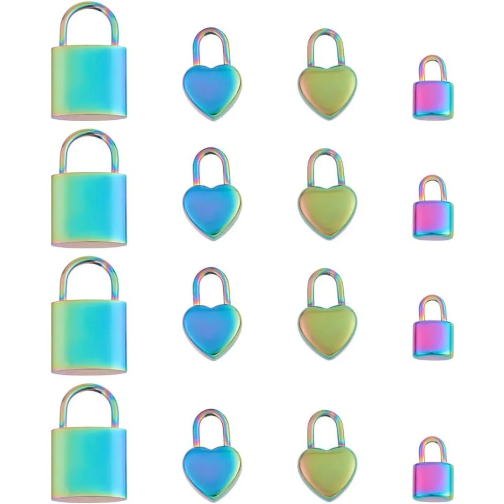 

16 Pcs Rainbow Color Lock and Heart Pendant 201304 Stainless Steel Pendant Charms Bulk for DIY Dangle Earring Bracelets Jewelry