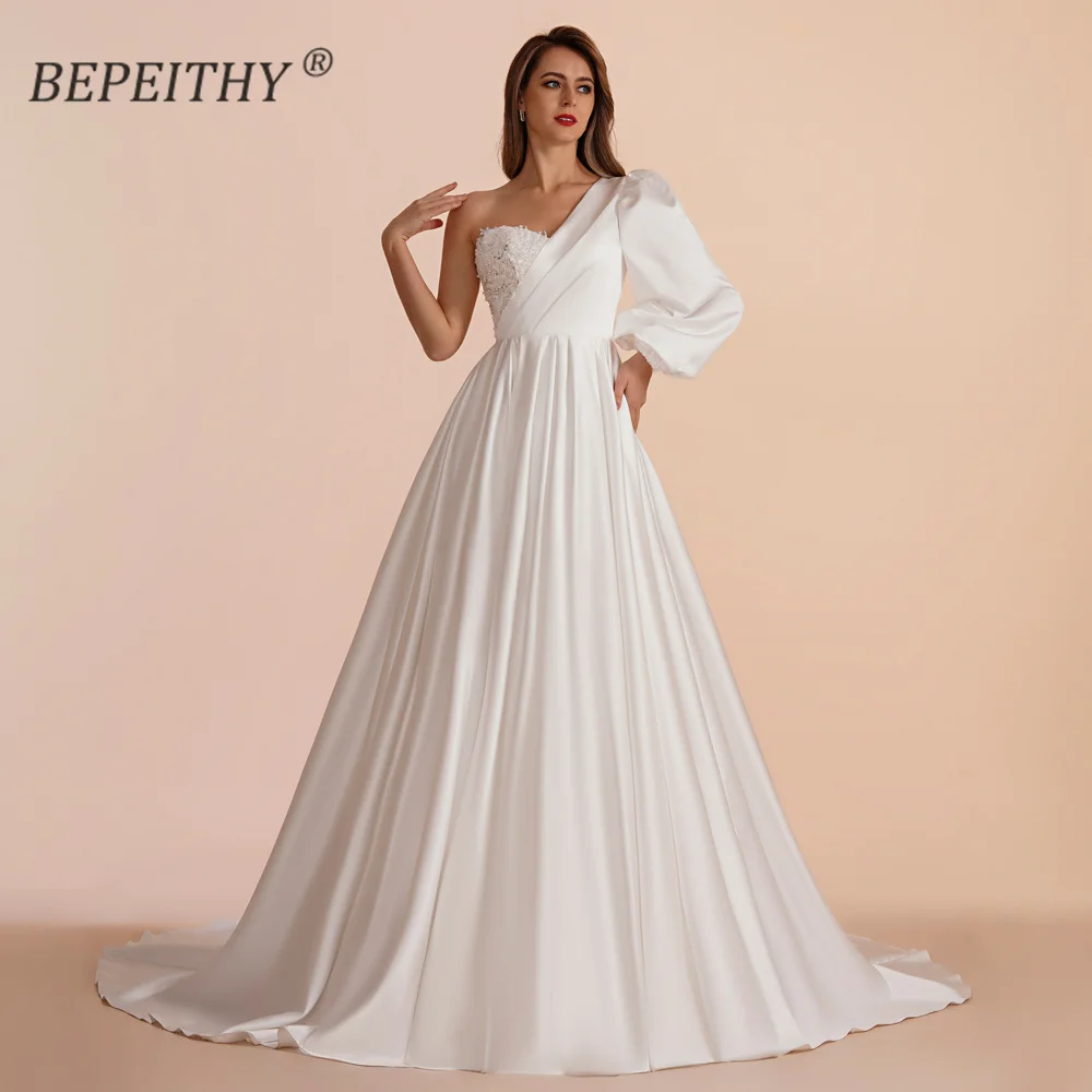 

BEPEITHY Ivory A Line Court Train Boho Wedding Dresses For Women 2023 Bride One Shoulder Full Sleeve Bridal Party Evening Gown