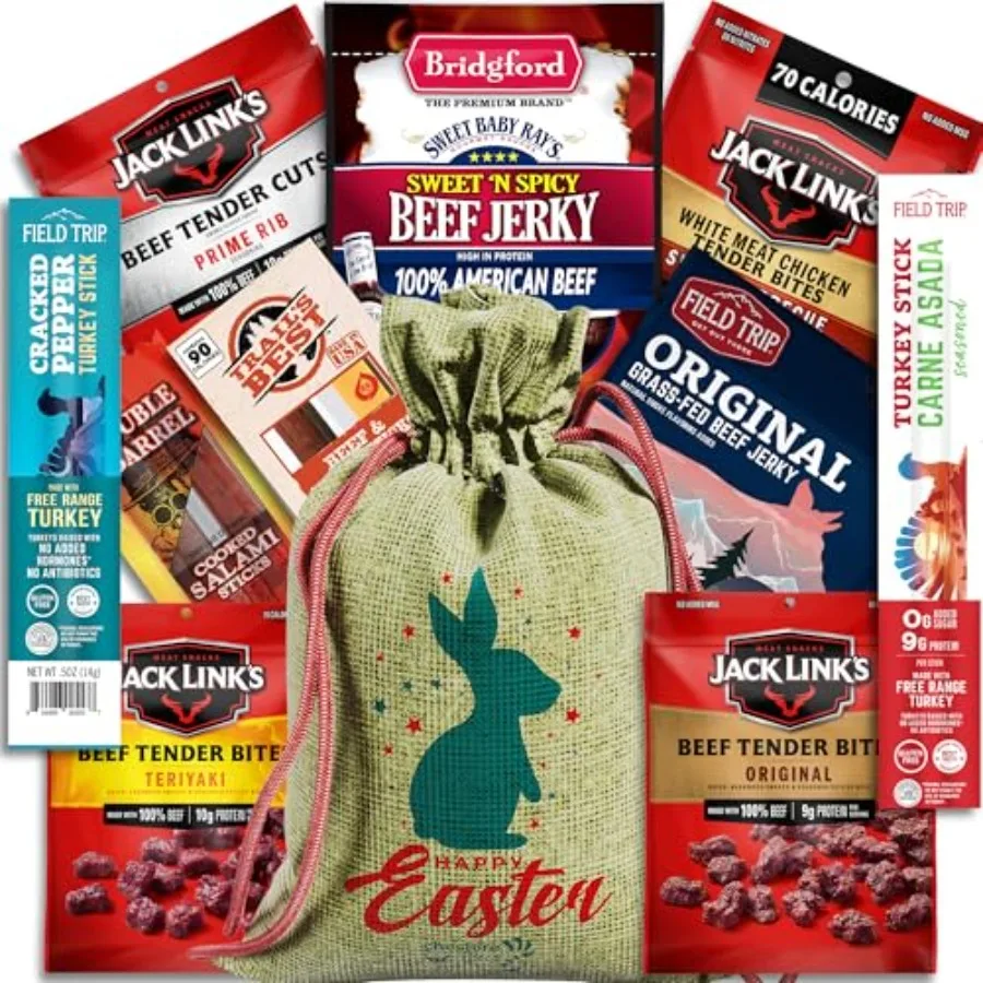 

Beef Jerky Easter Basket For Men and Women - Easter Baskets for Adults Filled With Jerky Variety Pack In Handmade Jute Bag - Ad