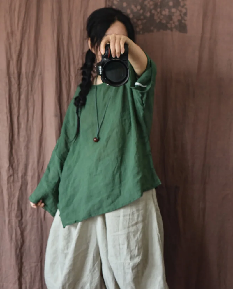 

Original Pure Color Oversized Women's irt Hand Sewn Pleated Lightweight round Ne Pullover Artistic Sle Cotton Linen Top