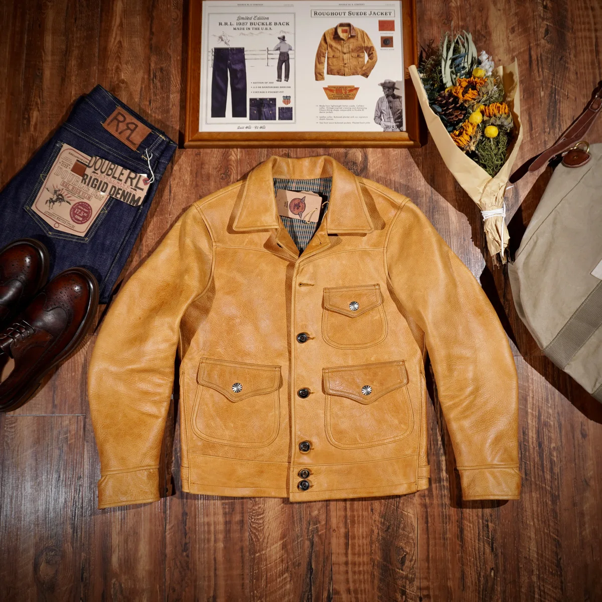 

Farmer San Dou Bengal Vegetable Tanned American Vintage Cowhide Leather Jacket Western Denim Motorcycle Men's Khaki