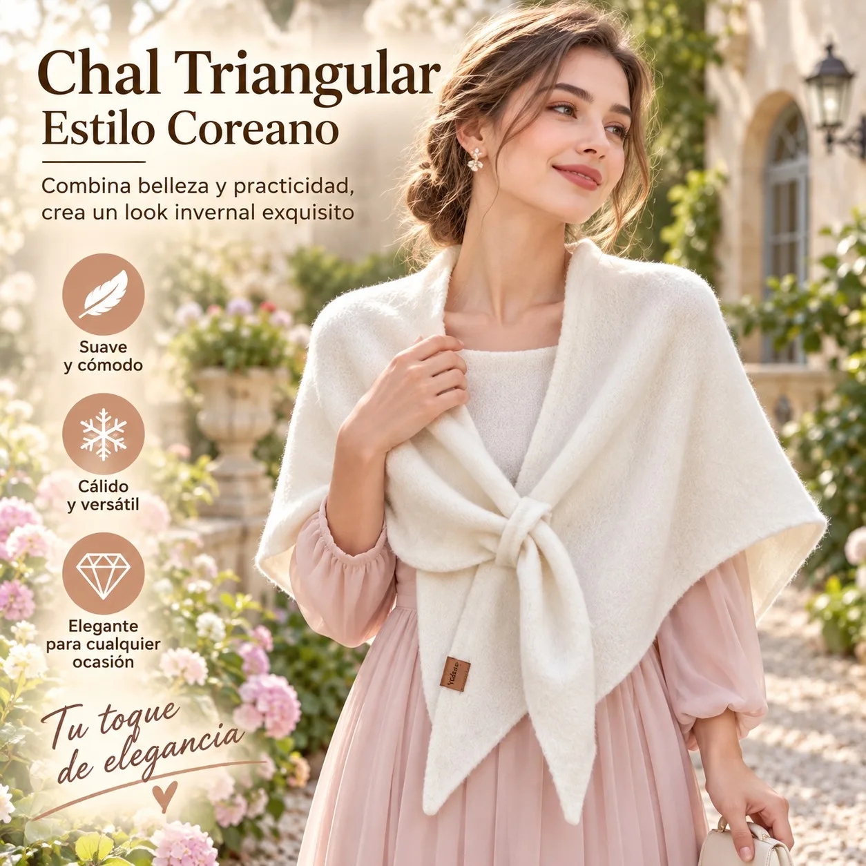 Scialle triangolare in stile coreano, versatile mantella con nodo frontale, sciarpa calda per l’autunno e l’inverno, adatta a diverse uscite, da indossare sulle spalle o sul collo.