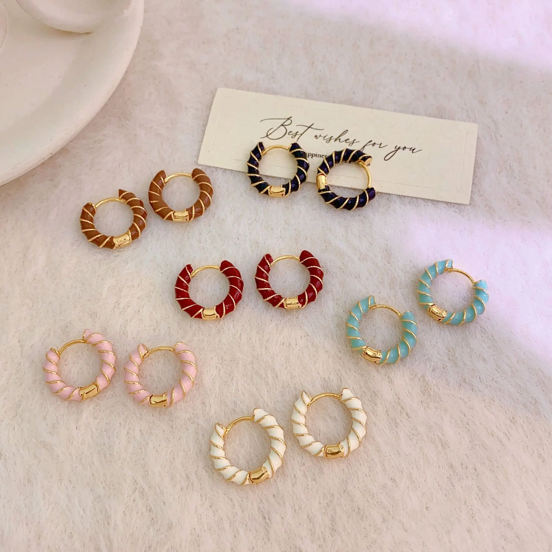 

925 Sterling Silver Colorful Enamel Round Ear Buckles for Women Pink & Black & White Twisted Hoop Earring Fine Jewelry Gift