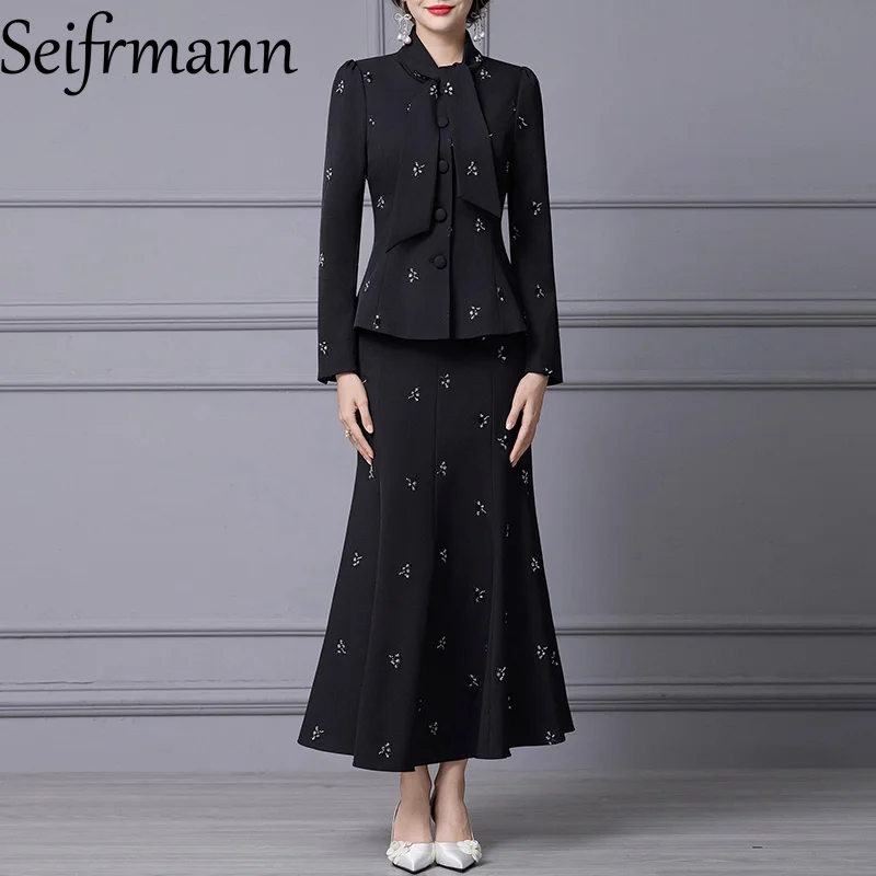 

Seifrmann осенне-зимний женский костюм с длинными рукавами, однобортное пальто + облегающая юбка-русалка с запахом на бедрах, комплект из 2 предметов с вышивкой