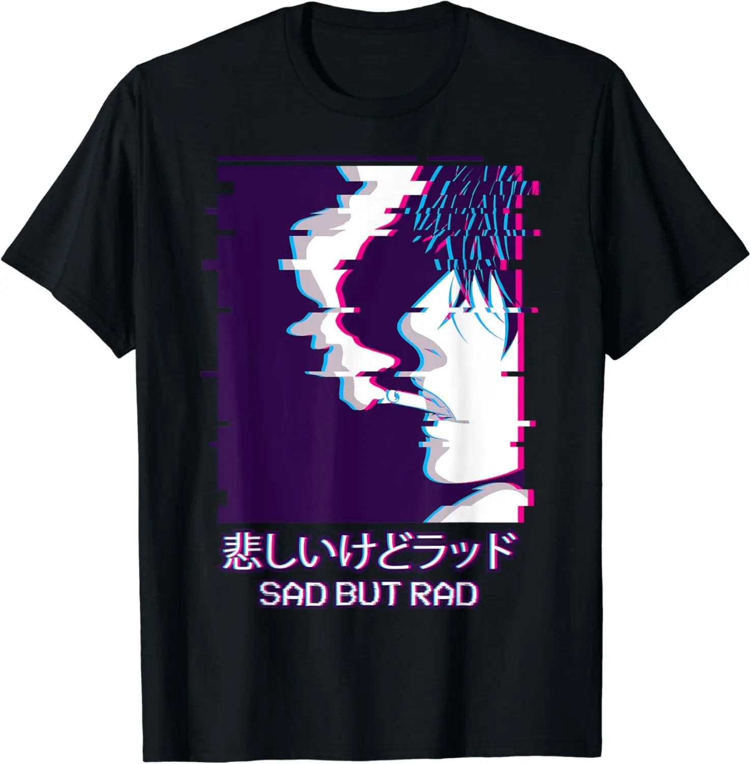 Smoking Anime Boy Japanese Aesthetic Glitch - Sad But Rad T-Shirt New Fashion Top Tees