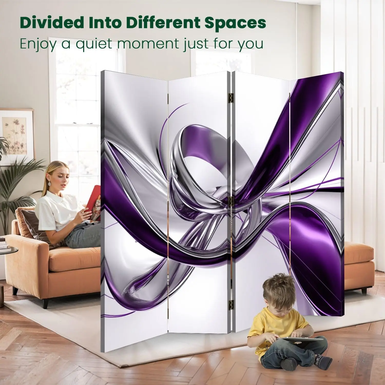 4 Panels Folding Sn Room Divider ple ern Silver Contemporary Swirling Shapes Curved Metallic Canvas Sn Room Separator