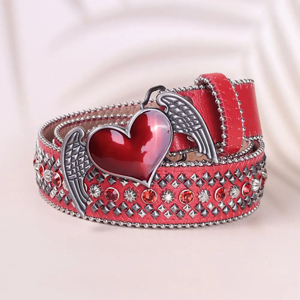 Retro Distressed Metal Belt Angel Wing Heart Buckle Belt Vintage Pu Leather Studded Waist Belt Adjustable Punk Fashion for Jeans