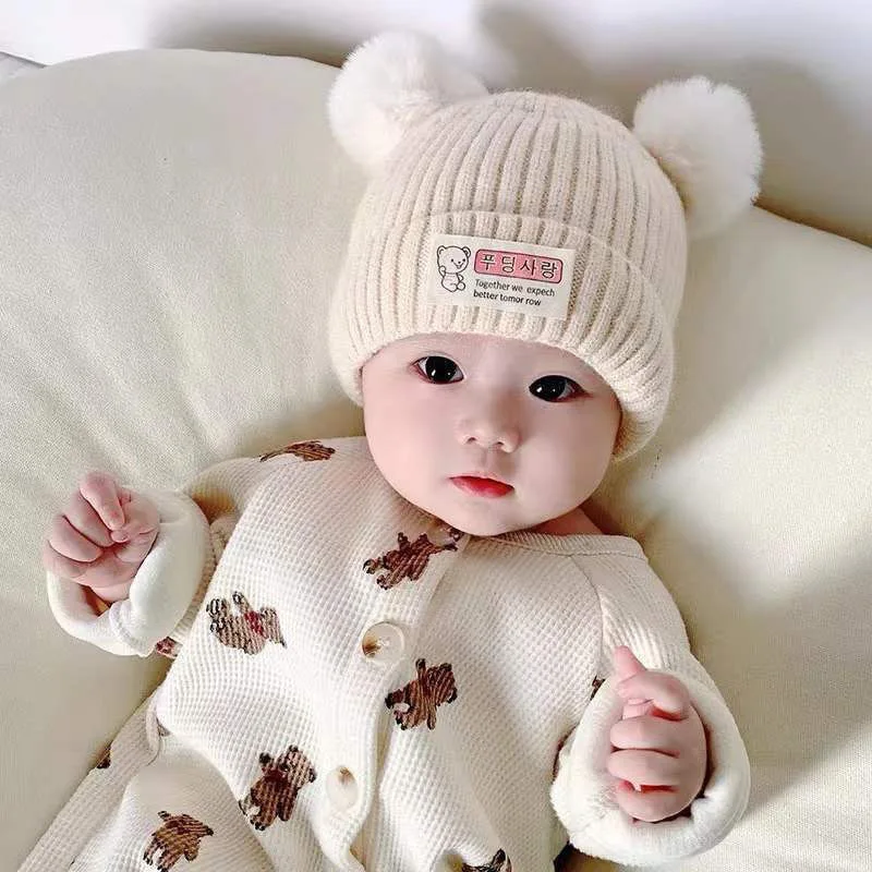 6-12Months Baby Boys Girls Caps Knitted Beanie Hat with Pompoms Newborn Kids Bonnets Cuffed Kpop Hat