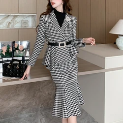 Autumn Womens Outfits Elegant Houndstooth Set Belt Irregular Blazer Coats And High Waist Pencil Mermaid Skirts 2 Piece Suit