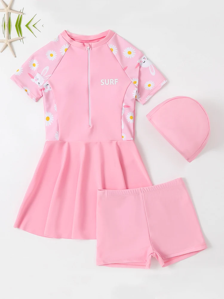 Two Piece Kids Swimsuit Girls 2026 New Solid Patchwork Short Sleeve Dress Children Swimwear Summer Shorts Beachwear Bathing Suit