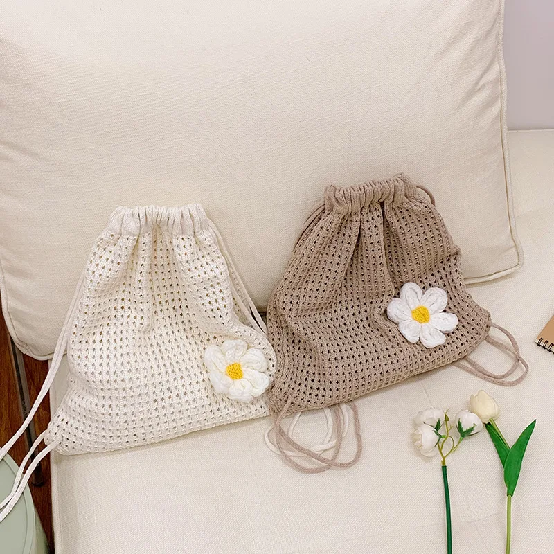 Zaini con coulisse fatti a mano Borsa a tracolla per lo shopping da viaggio da spiaggia di grande capacità per tessitura estiva da donna