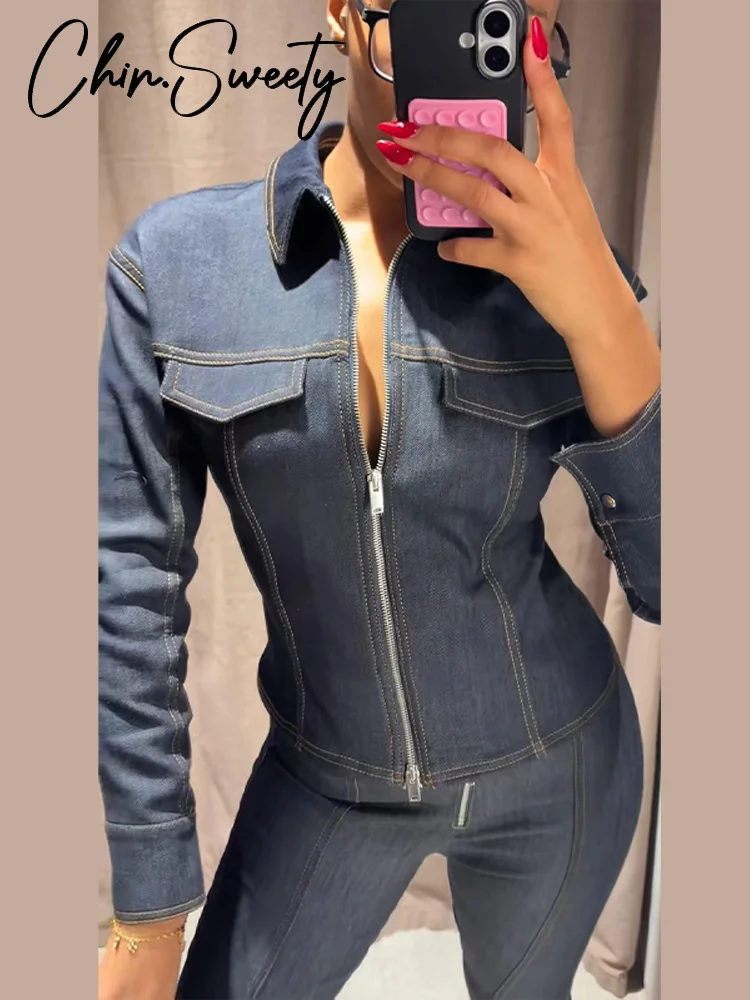 

Уличное джинсовое пальто, брюки, женский комплект, тонкий женский костюм на молнии с длинными рукавами и лацканами, расклешенные широкие брюки, 2026, весенне-летний женский костюм, новинка