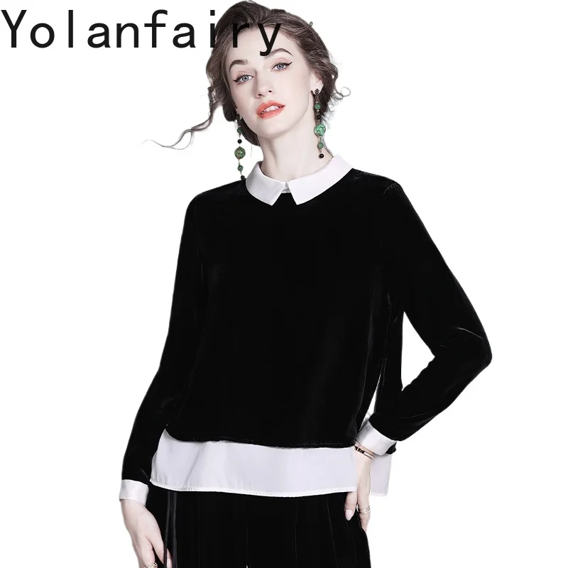 

YOLANFAIRY Women's Silk Velvet Top Autumn 2025 Polo Neck Long Sleeve Shirts Woman Fake Two-piece Ladies Tops and Blouses Camisa