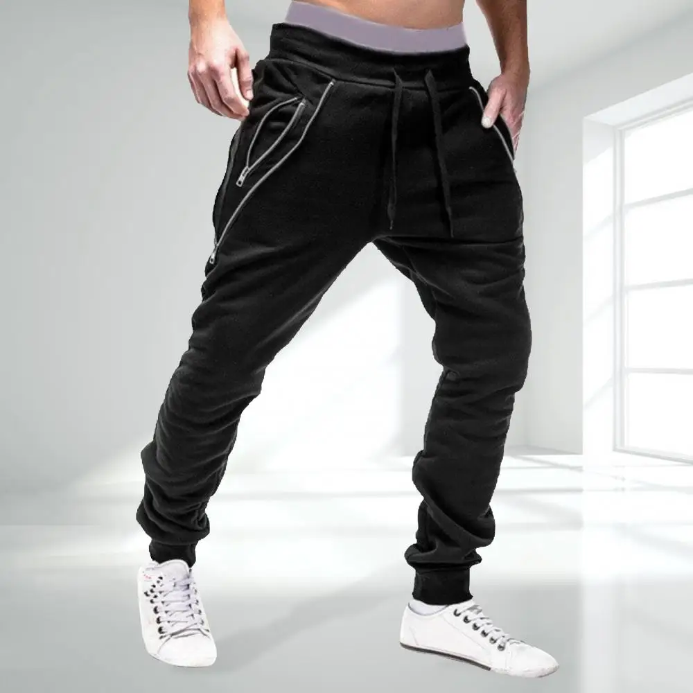 Men's Sweatpants Solid Color Zipper Pocket Sports Pants Drawstring Zipper Pockets Small Ankle Tied Skinny Pant Casual Trousers