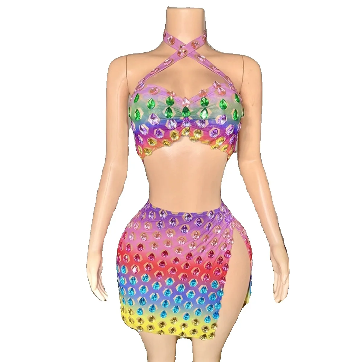 Women Colorful Sexy Backless Crystals 2 Pcs Bikini Skirts Set Summer Beach Celebrate Las Vegas Show Costume