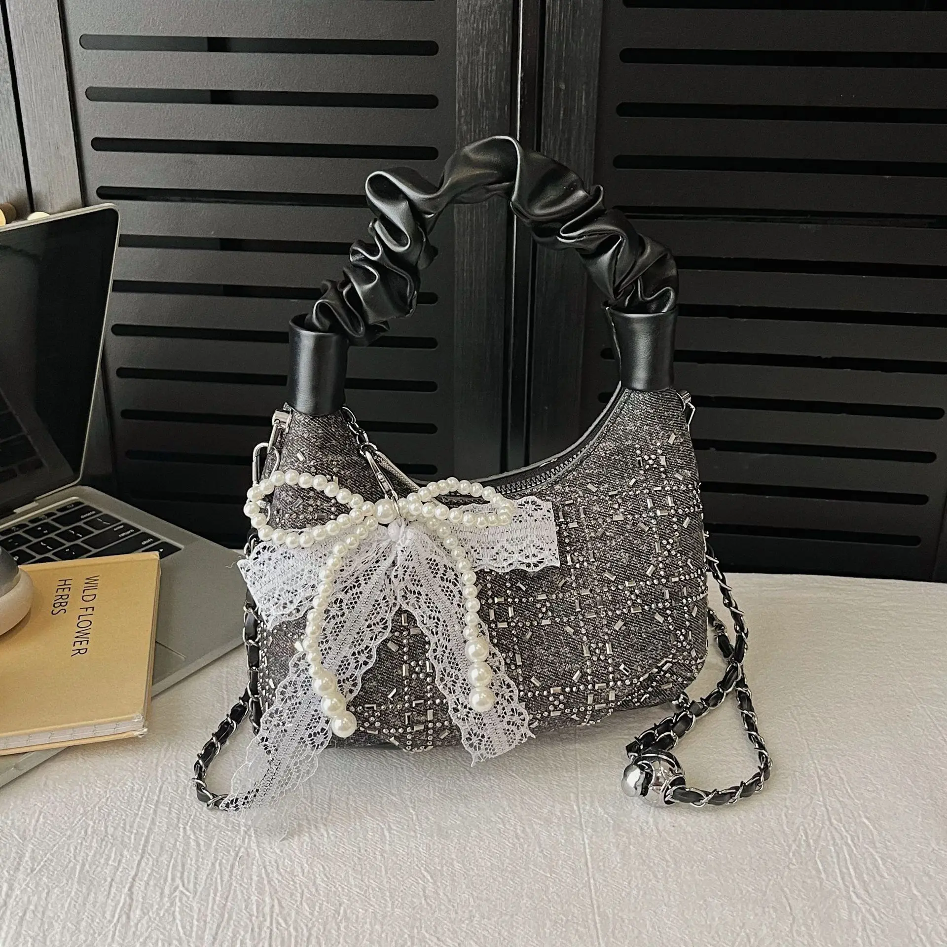 

2025 Rhinestone Crescent Bag for Women, Sparkling Shoulder Purse, Elegant Top Handle Crossbody Bag with Chain Strap