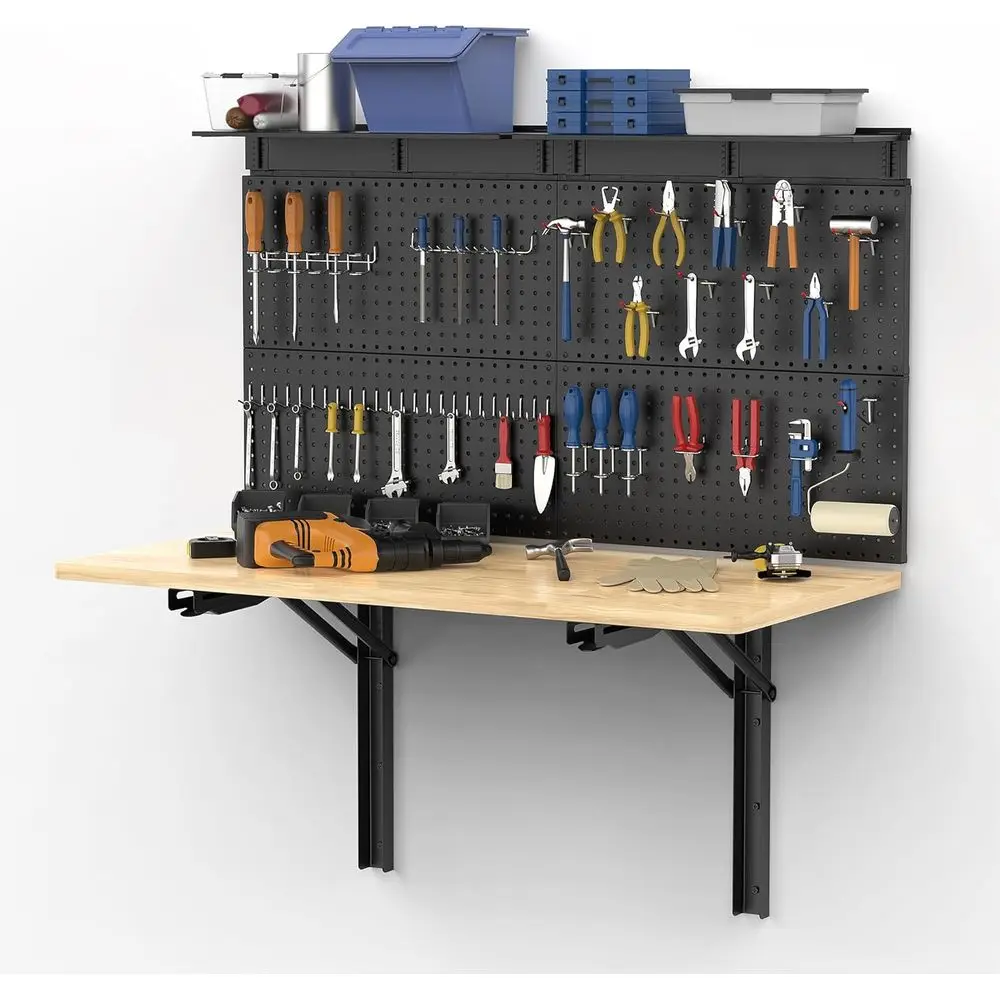

Wall Mounted Workbench with Pegboard, Folding Down Work Table Metal Pegboard Wall Organizer for Garage, Workshop, 48”X24”