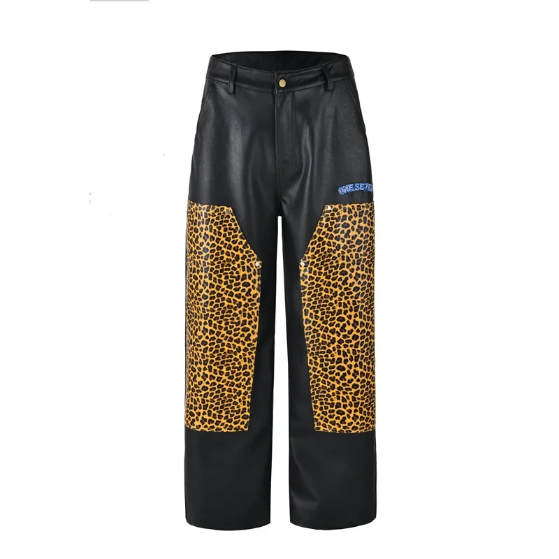 Leopard Splice PU Leather Pants Men's Streetwear Fashion Brand Show Loose Casual Straight Wide Leg Leather Baggy Pants Trousers