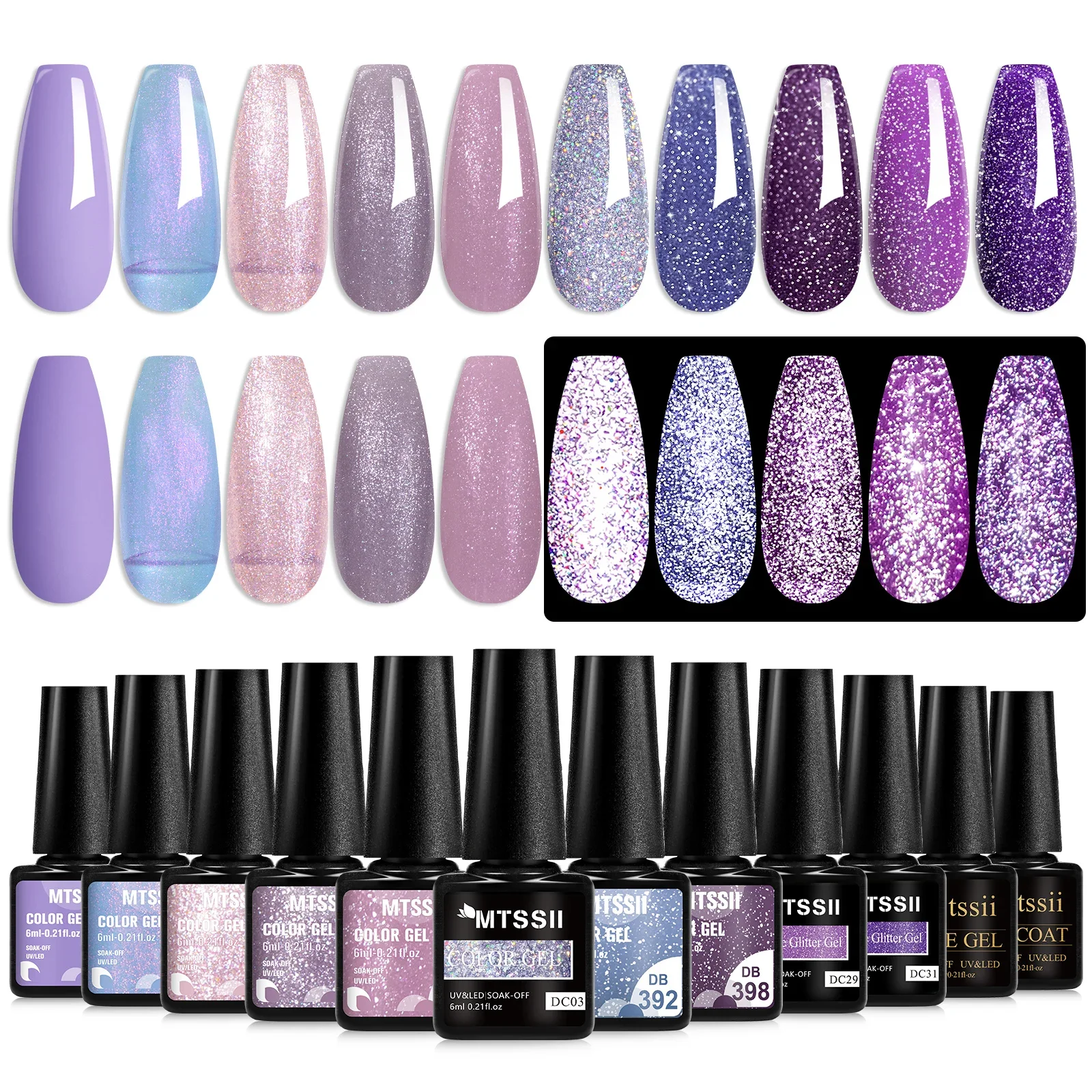 

12 шт. Mtssii Sparkling Purple Набор гель-лаков для ногтей Base Gel Top Coat Соответствующий DIY Nail Art Salon UV/LED Soak Off Varnish Kit