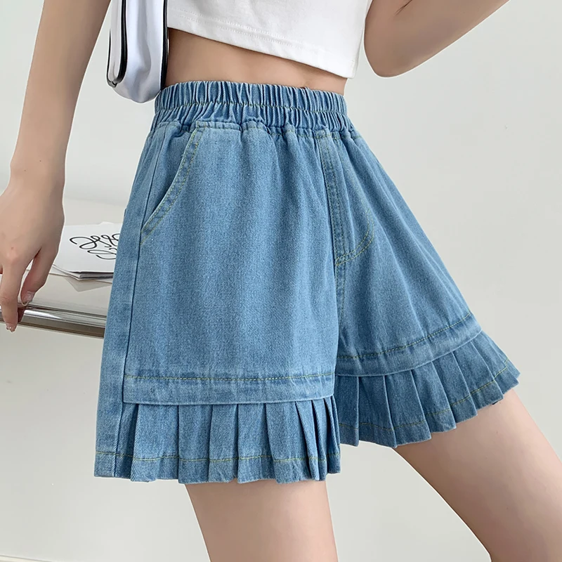 2026 Women's Wide Leg Five Quarter Pants Loose Ruffles Spliced Jeans Shorts Summer New Style Casual Versatile Short Pants
