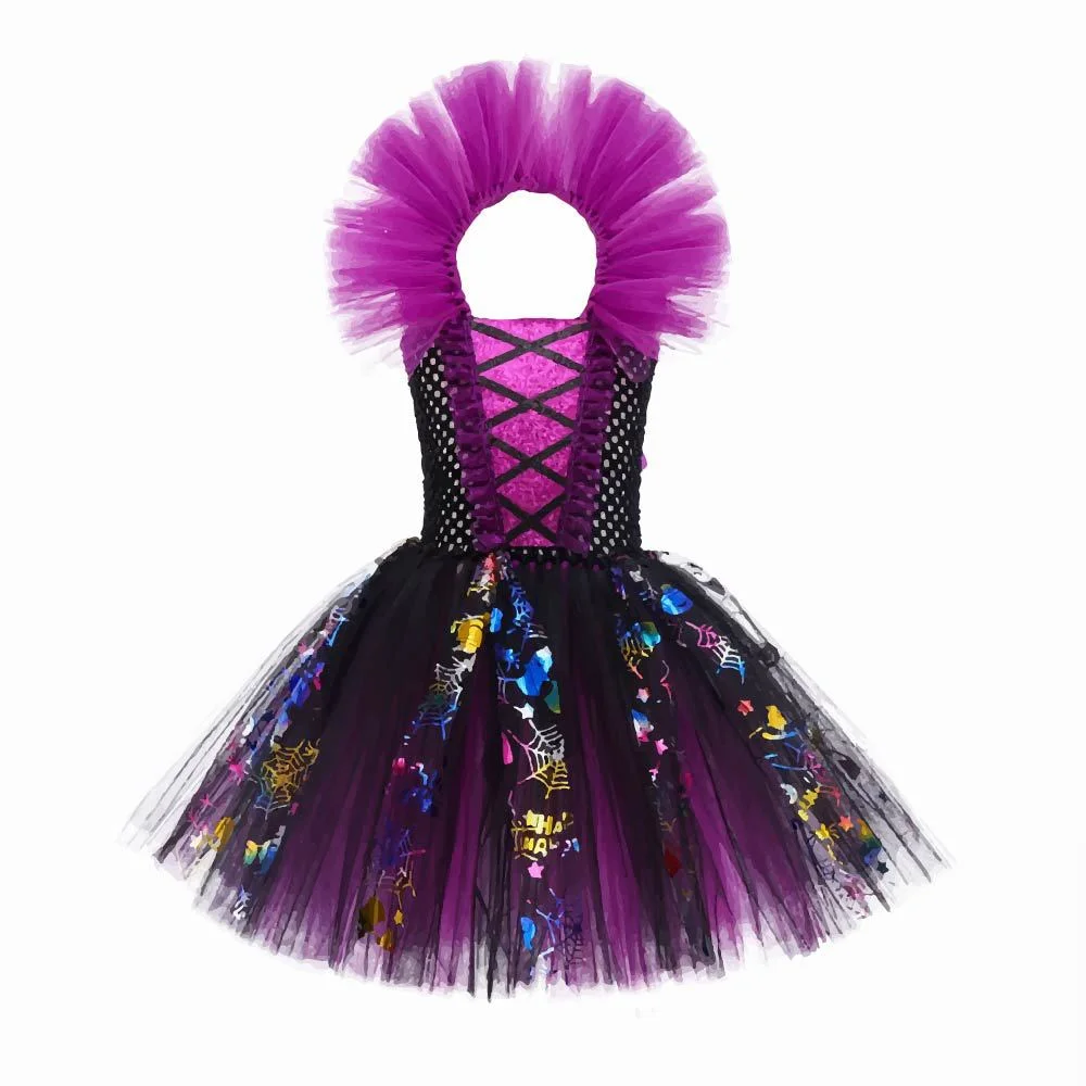 Halloween Carnival Witch Costume for Girls Color Sequin Lace Tutu Knee Dress With Hat Broom Baby Cosplay Party Outfit Led Set