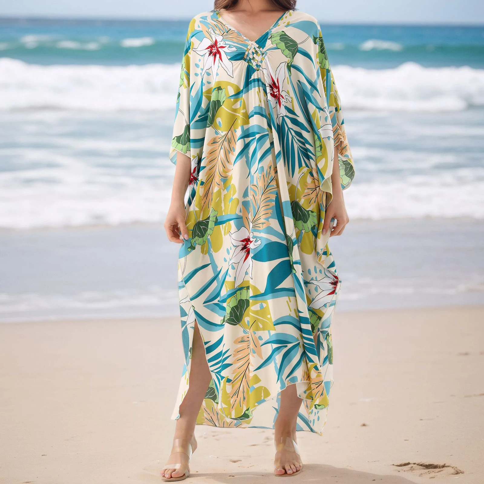 

Женский купальник-бикини, купальный костюм больших размеров с цветочным принтом/зебра, v-образным вырезом и разрезом, платья без рукавов, пляжное платье-кафтан