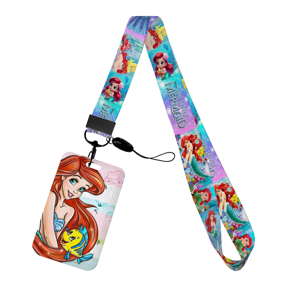Disney Little Mermaid เด็ก ABS สไลด์ ID บัตรเครดิตผู้ถือบัตรรถบัส Charm ผู้ถือป้ายสายคล้องคอพวงกุญแจ