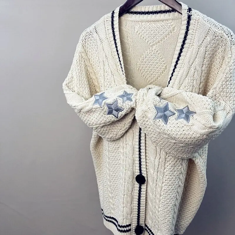 Y2k Star Print Knitted Chic Cardigan Sweater New Autumn Preppy Cute Button Up V Neck Long Sleeve Coat Vintage Aesthetics Sweater